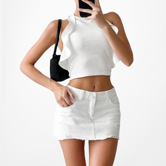 H&M Off White Knit Ruffle Halter Open Back Crop Top Size XS - Picture 1 of 6